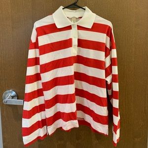 RED AND WHITE STRIPED LONG-SLEEVE POLO